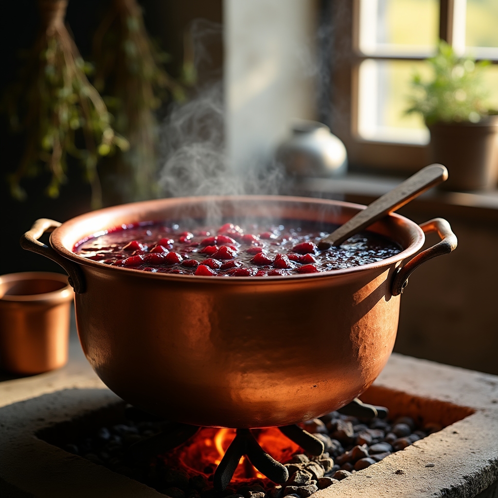 Dulceață de fructe de pădure fiartă lent într-un cazan de cupru