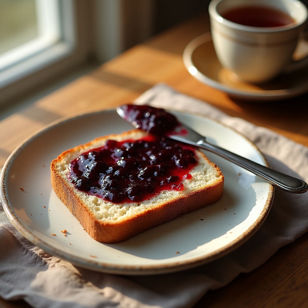 Felie de pâine cu dulceață de fructe de pădure la micul dejun