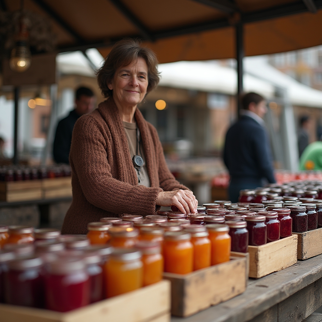 Stand de vânzare la un târg local cu borcane de dulceață aliniate