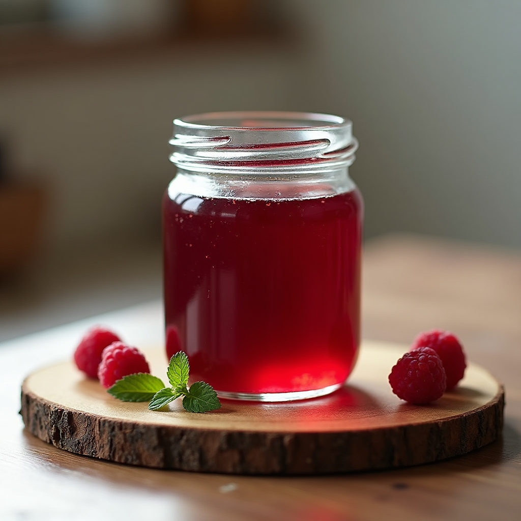 Borcan cu dulceață de zmeură pus pe un fundal de lemn